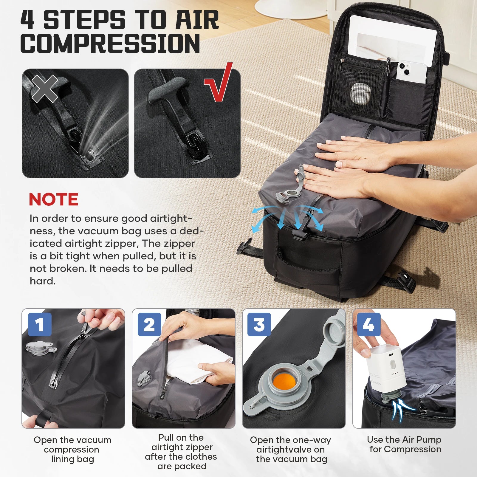 Vacuum Storage Bags，Vacuum Travel Backpack Space Saver Vacuum Sealed Bags for Clothes Compression Travel BagsTravel Essentials