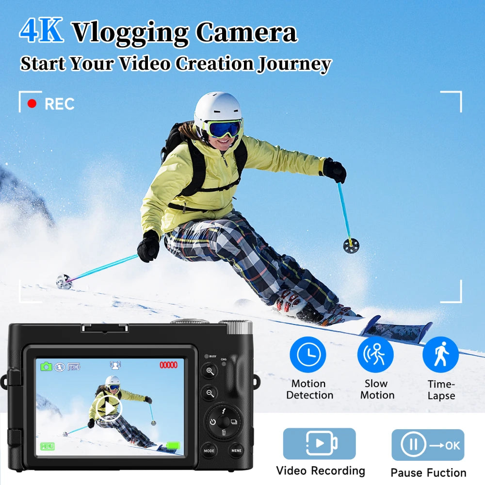 4K Vlogging Kamera 48MP – Autofokus Anti-Shake 180° Flip Screen Flash